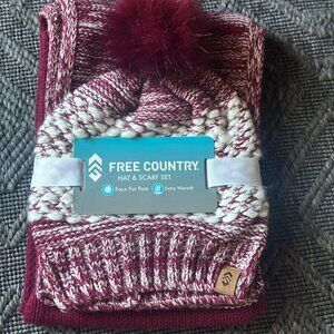 Knit Hat and Scarf Set NEW Burgundy White 2 PC Free Country NWT w/PomPom